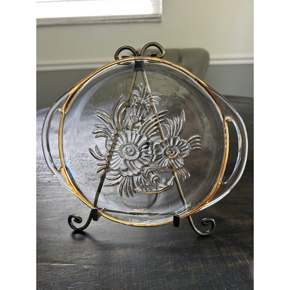 Vintage Pressed Glass Round Floral Serving Tray Gold Trim Gilt Edge Handles 9.5"